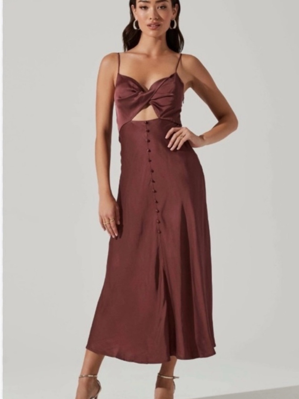 ASTR The Label Twist-Front Satin Midi Dress in Deep Brown